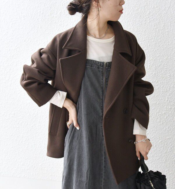 SHIPS any「SHIPS any: ウール ミックス コクーン ショート Pコート」|その他|ブラウン