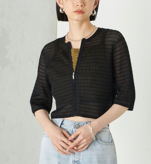 SHIPS for women「Wai＋:ジャカード シアー ジップ カーディガン」|カーディガン|ブラック