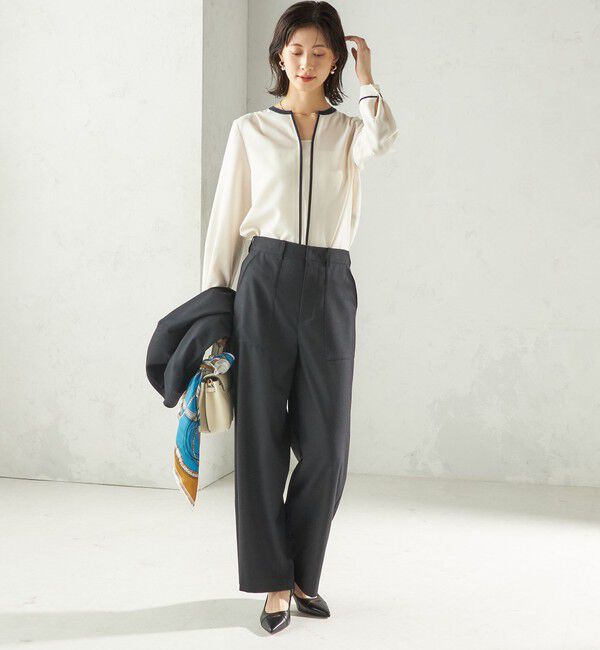 SHIPS for women「〈手洗い可能〉配色 パイピング キーネック 長袖ブラウス」|シャツ・ブラウス|