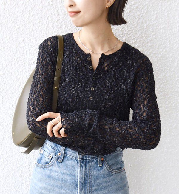 SHIPS for women「〈手洗い可能〉ラッセル レース ヘンリー ネック 2WAY プルオーバー」|Tシャツ・カットソー|ネイビー