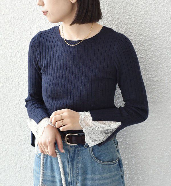 SHIPS Colors 「SHIPS Colors:〈手洗い可能〉レース カット オフ ワイド リブ ニット」|ニット・セーター|