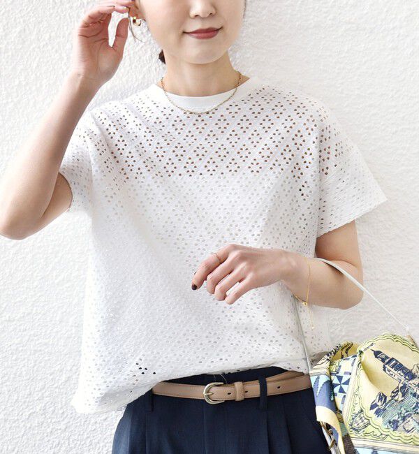 SHIPS for women「《予約》〈手洗い可能〉アイレット ショート スリーブ プルオーバー」|Tシャツ・カットソー|ホワイト