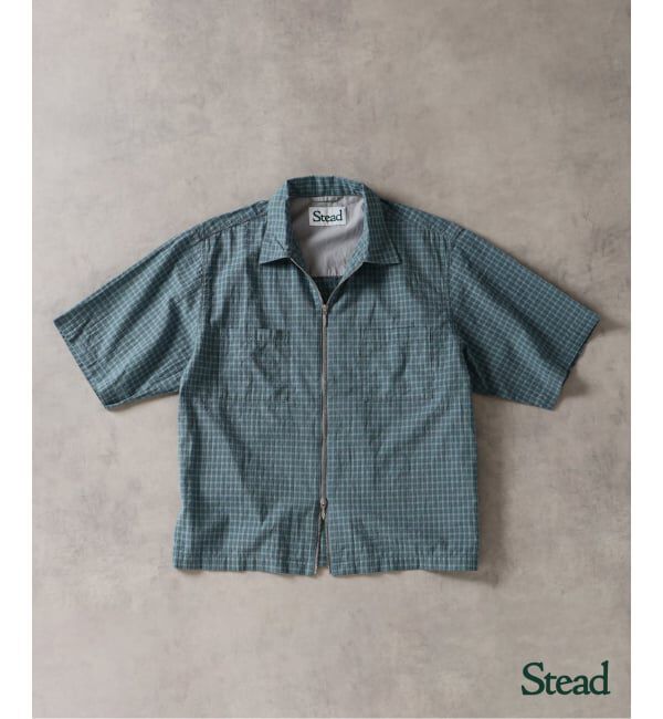 J.S.Homestead「《予約》Stead / ドビー チェック ジップ 半袖 シャツ」|シャツ・ブラウス|ブルー