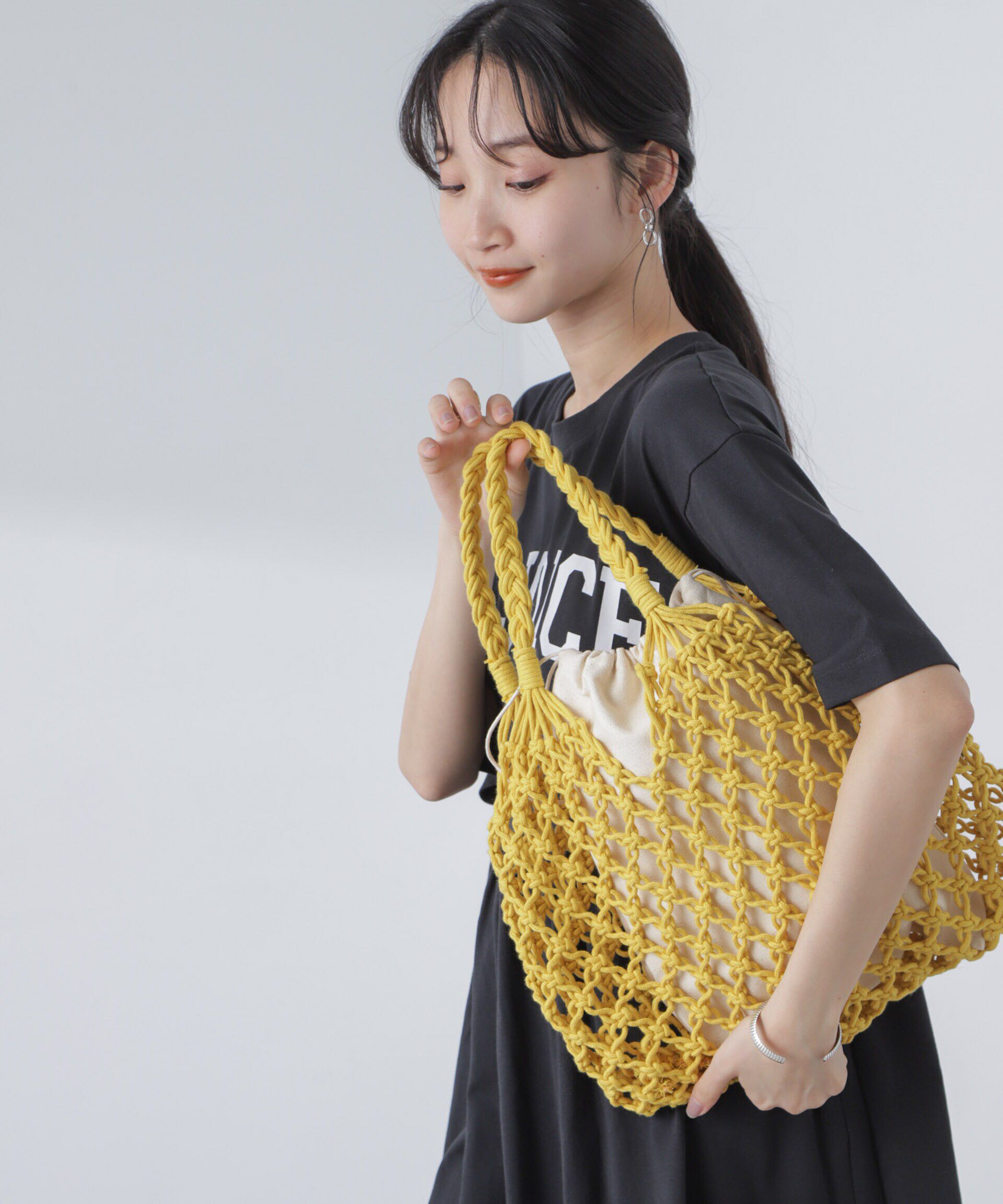 nano･universe「インポーチ付きマクラメバッグ」|ショルダー・メッセンジャー|イエロー