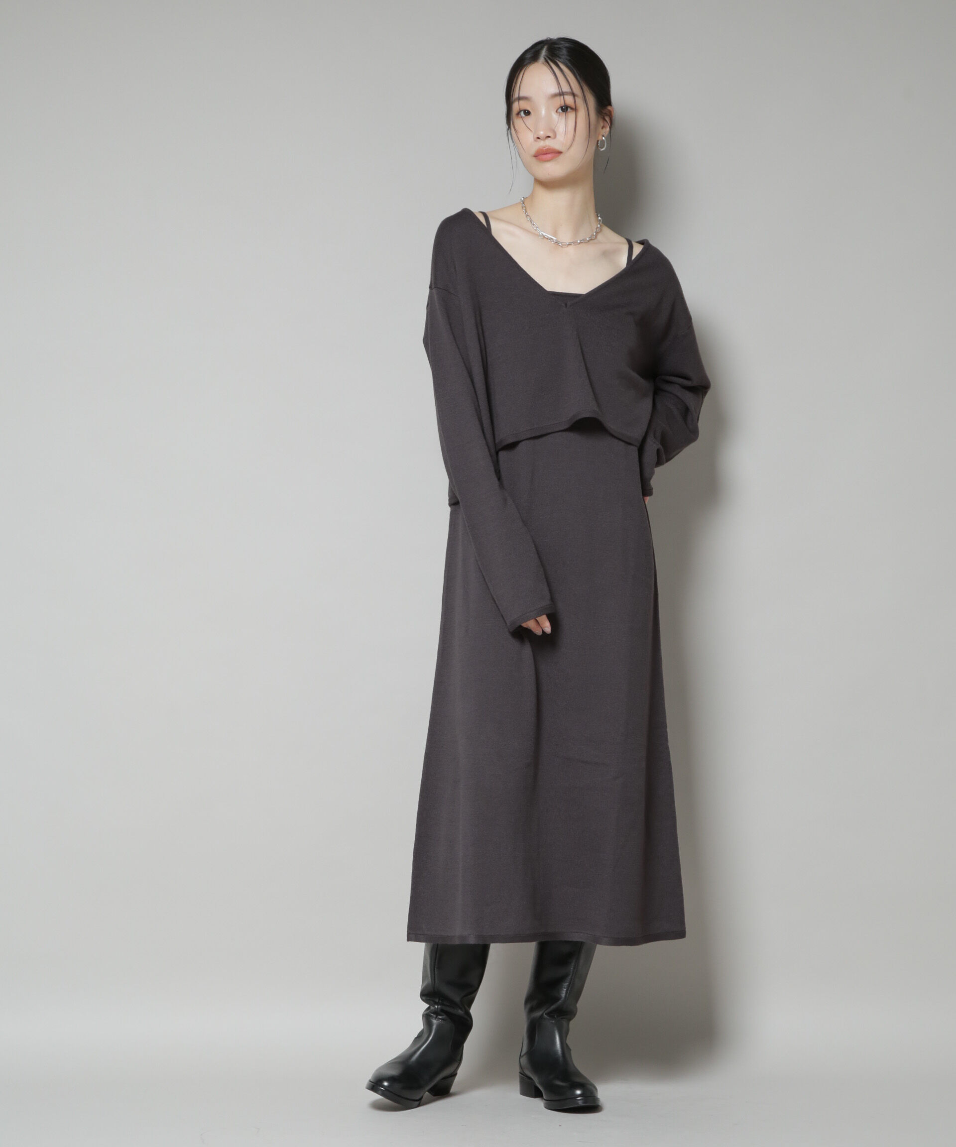 nano･universe「ニットキャミワンピース&times;クロップドVネックニット セット」|ワンピース|