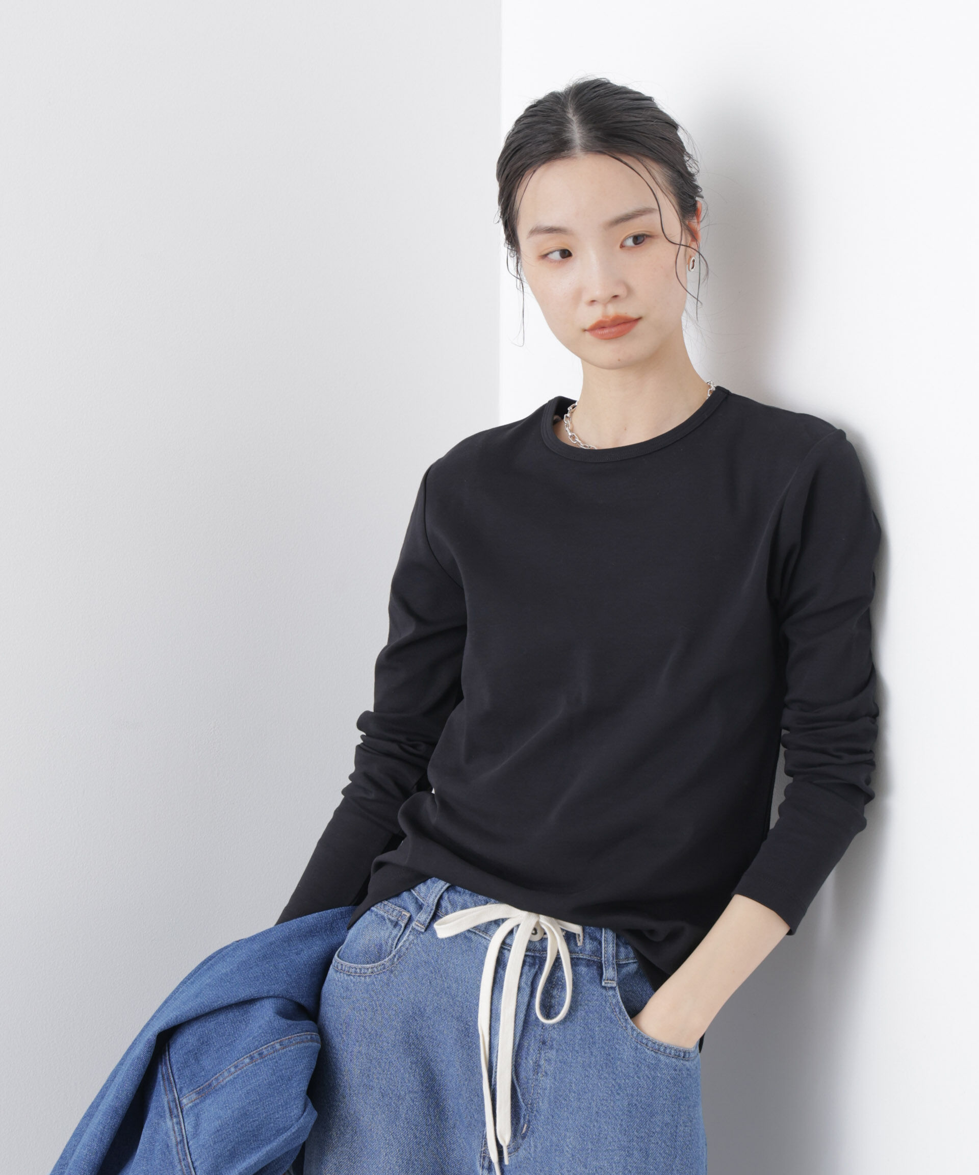 nano･universe「Repur加工 スムースシルケットロングスリーブトップス」|Tシャツ・カットソー|ブラック