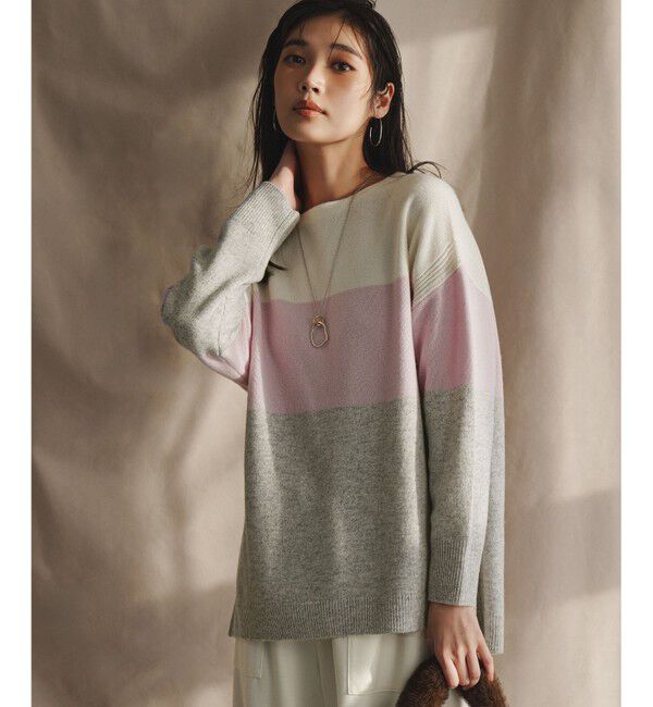 23区「【洗える】ウールカシミヤ カラーブロック チュニック ニット」|ニット・セーター|ライトピンク