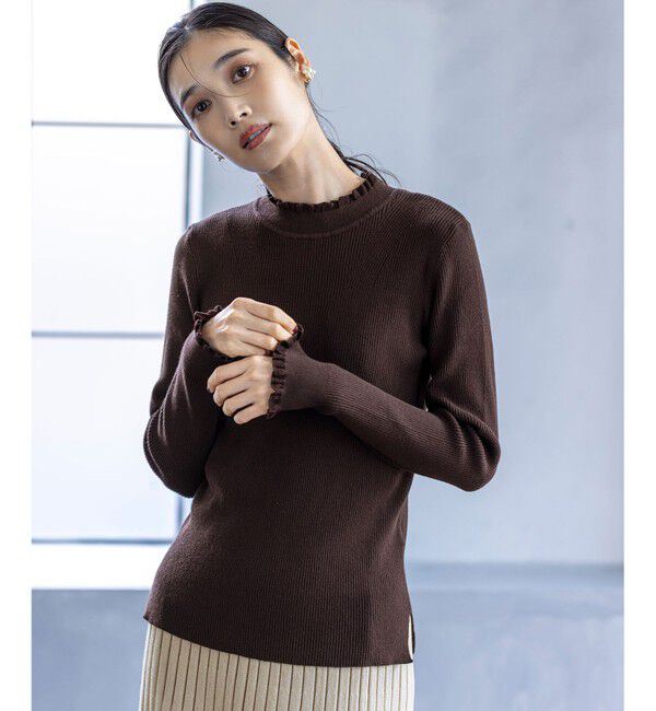 ANY SIS「CICA加工 フリルネック プルオーバー」|ニット・セーター|ブラウン