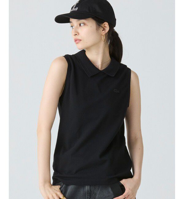 LACOSTE「コットン鹿の子 メッシュカラー バックボタンノースリーブポロシャツ」|ポロシャツ|ブラック