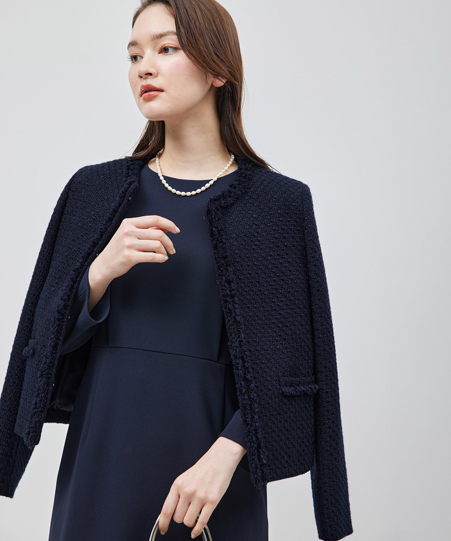 ROPE「ミックスツイードノーカラージャケット【セレモニー/通勤対応】」|ノーカラージャケット|ネイビー(40)