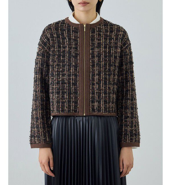 ROPE「ツイードZIPノーカラーカーディガン/イージーケア」|カーディガン|