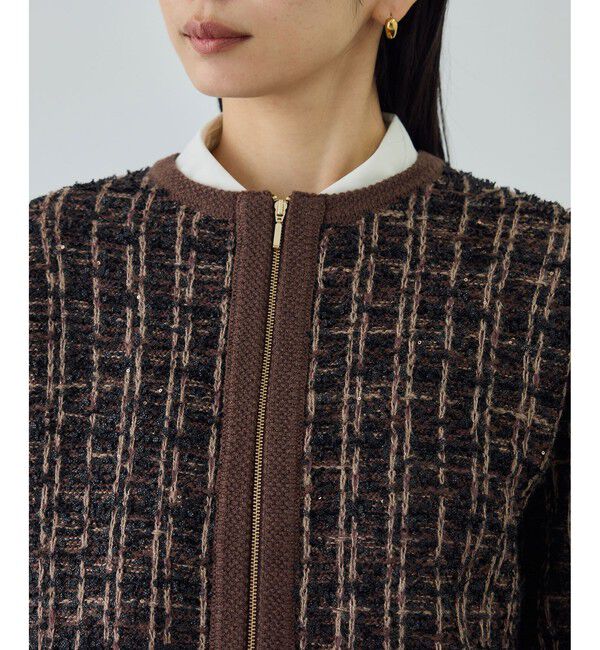 ROPE「ツイードZIPノーカラーカーディガン/イージーケア」|カーディガン|