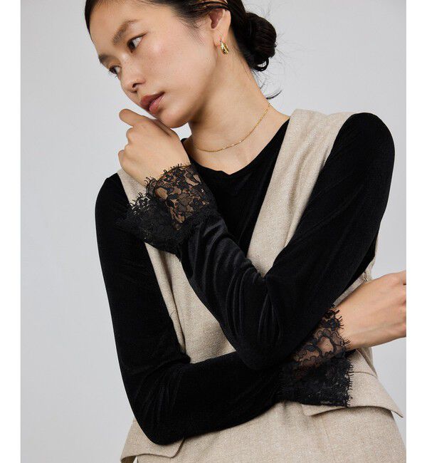ROPE「レース袖シアーベロアカットソー/イージーケア」|Tシャツ・カットソー|ブラック(01)