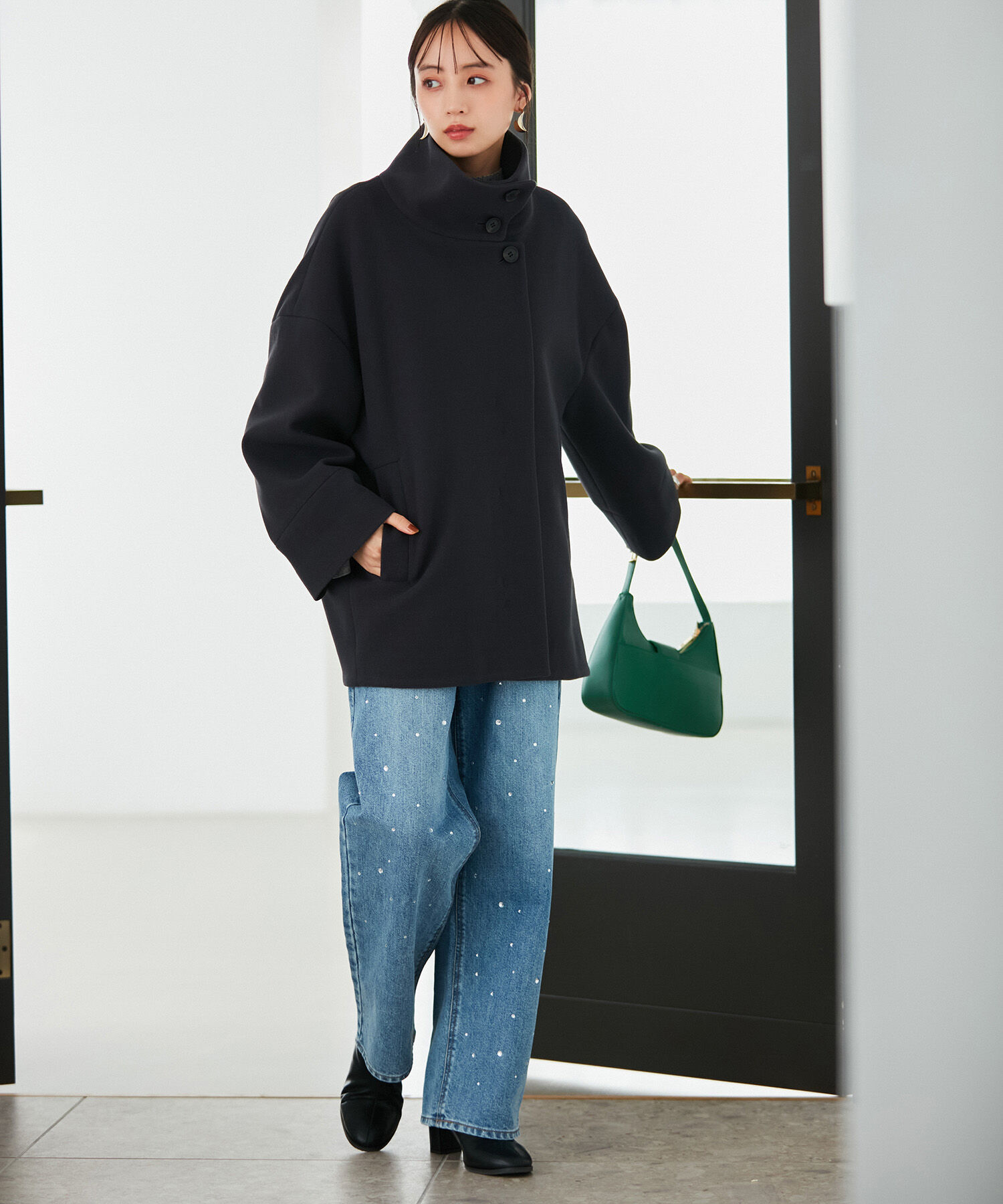 VIS「【静電気防止】ステン&スタンドカラージャージメルトンミドル丈コート」|ステンカラーコート|