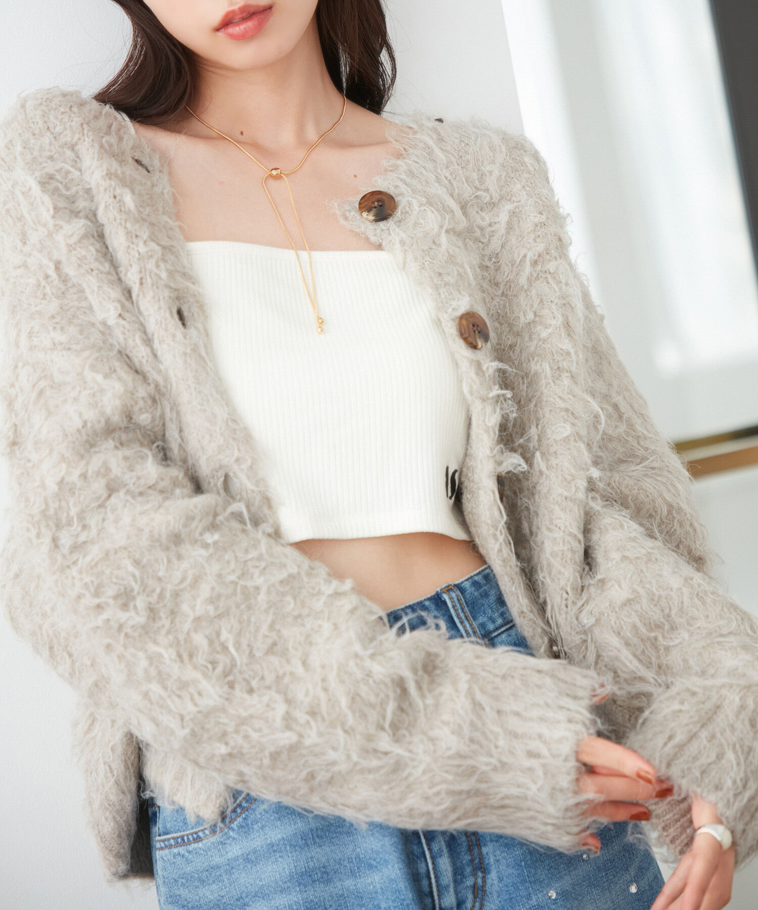 VIS「【前後2WAY】毛混くるくるシャギーカーディガン」|カーディガン|ベージュ(27)