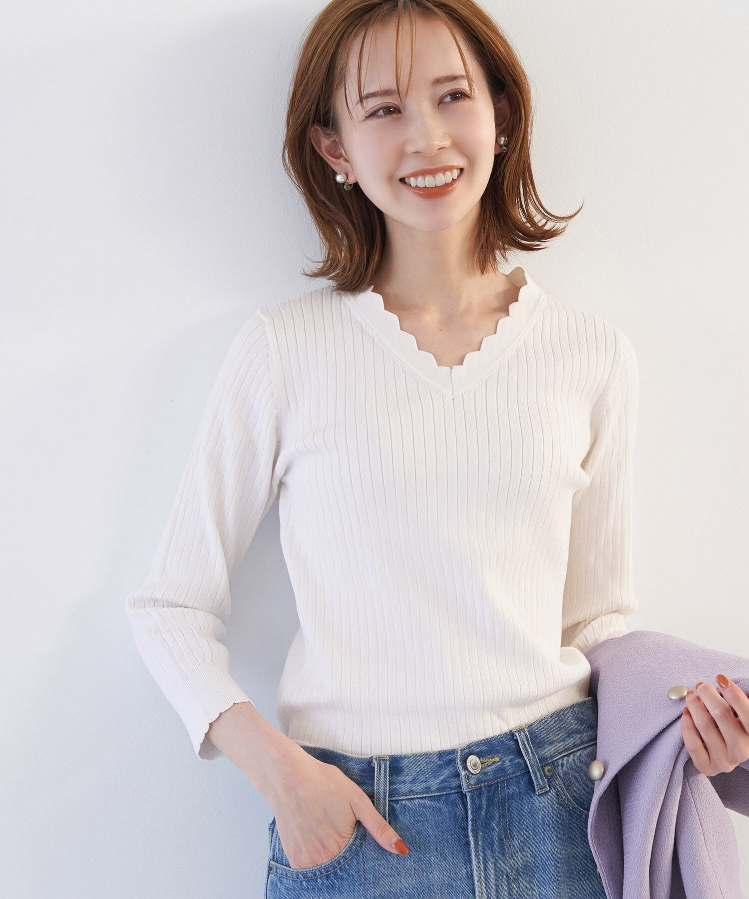 Rope&rsquo;Picnic「オーガニックスイスコットン7分袖ニットプルオーバー」|ニット・セーター|オフホワイト(15)