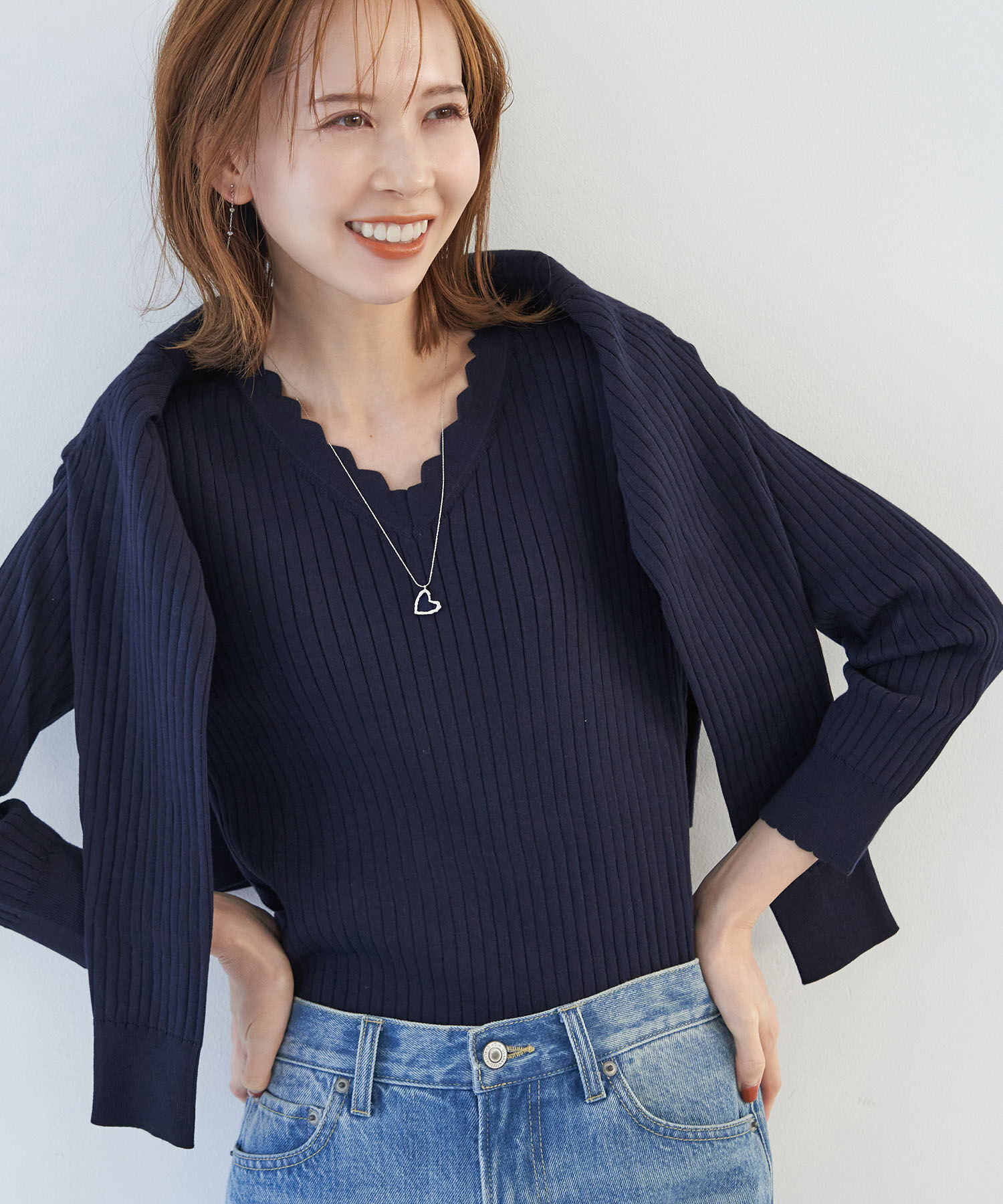 Rope&rsquo;Picnic「オーガニックスイスコットン7分袖ニットプルオーバー」|ニット・セーター|ネイビー(40)