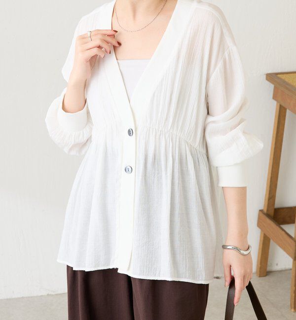  「《1枚で着映える》ギャザー切替シャツカーディガン」|シャツ・ブラウス|オフホワイト