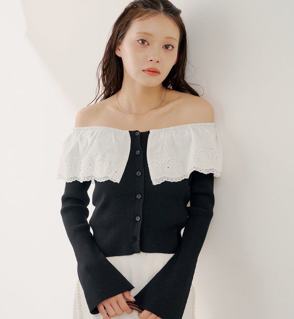  「【SALON by Chico】前後2wayダブルレースフリルオフショルニット」|ニット・セーター|