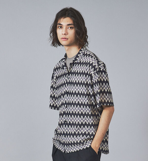 ABAHOUSE「【Revo.】透かし編みニットオープンカラーヘリンボーン半端袖シャツ」|シャツ・ブラウス|グレー