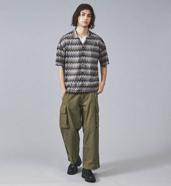 ABAHOUSE「【Revo.】透かし編みニットオープンカラーヘリンボーン半端袖シャツ」|シャツ・ブラウス|