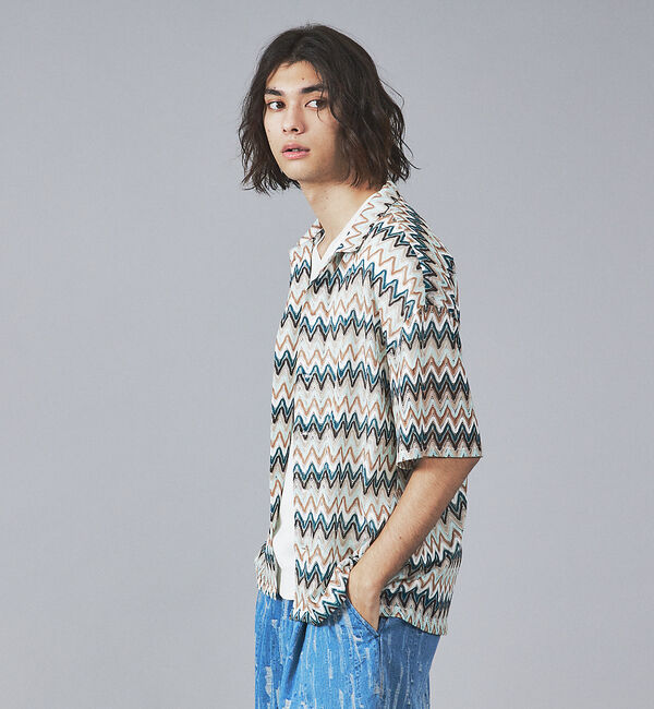 ABAHOUSE「【Revo.】透かし編みニットオープンカラーヘリンボーン半端袖シャツ」|シャツ・ブラウス|サックスブルー