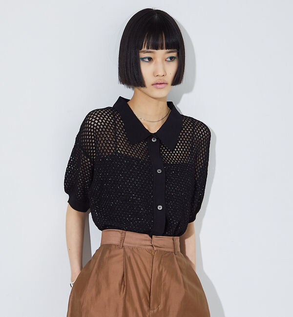 NOMINE「メッシュニットポロカーデ」|ポロシャツ|ブラック