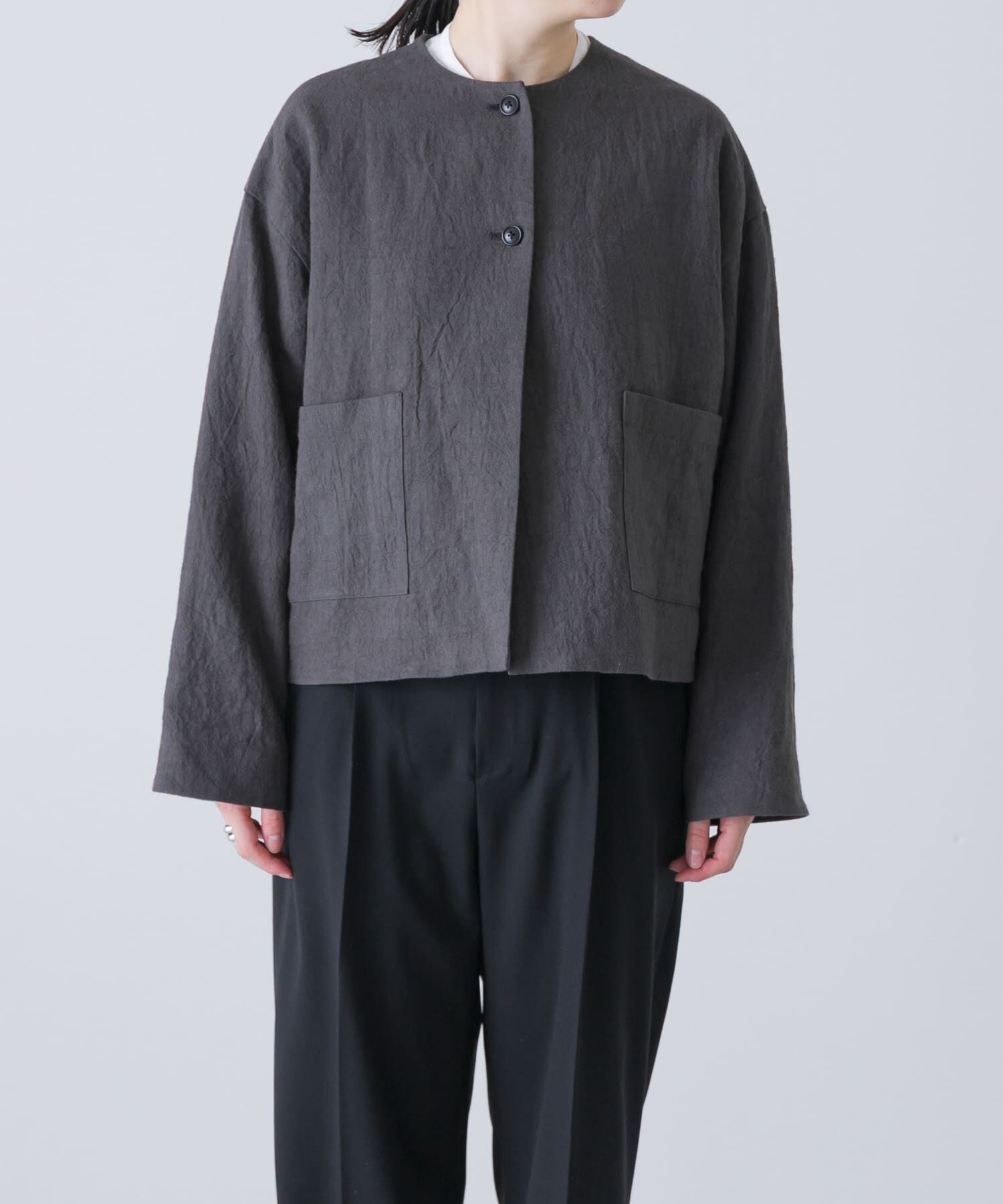 かぐれ「リネンラミーノーカラージャケット」|ノーカラージャケット|