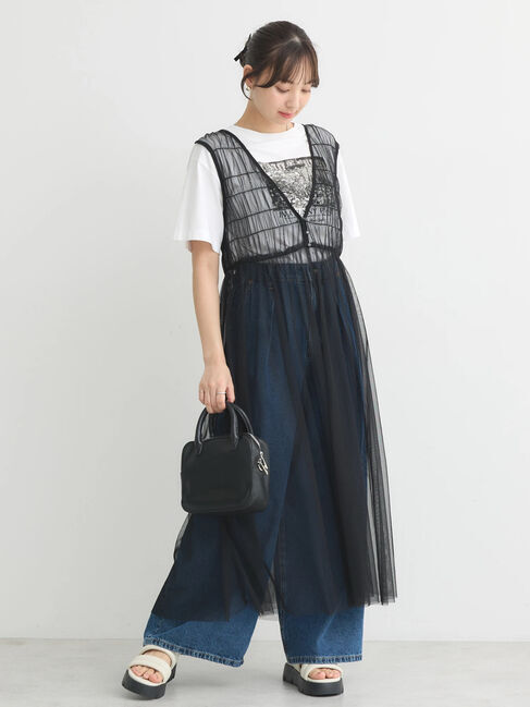 earth music&ecology「シャーリングチュールワンピース」|ワンピース|Black