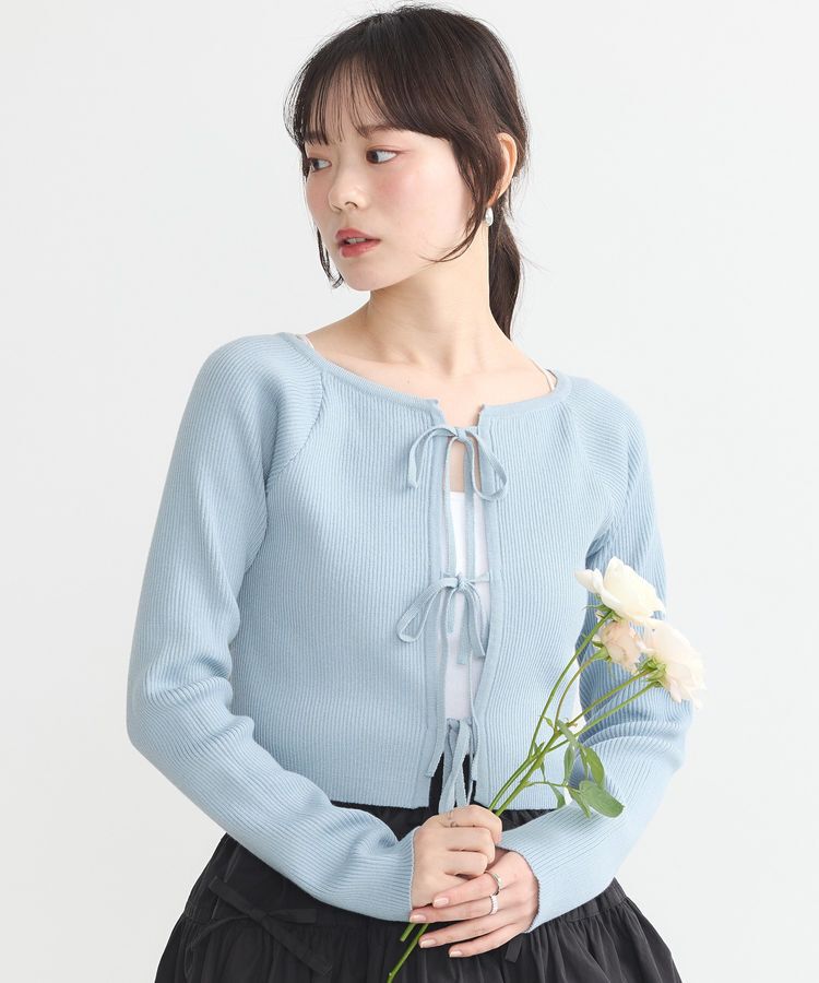 earth music&ecology「フロントリボンリブニットカーディガン」|カーディガン|グレイッシュブルー