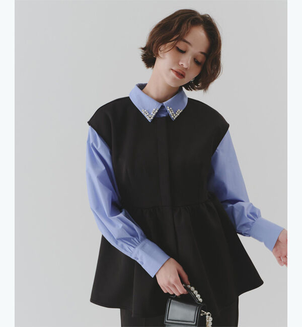 titivate「襟付ビジューシャツ」|シャツ・ブラウス|ブルー/ビー