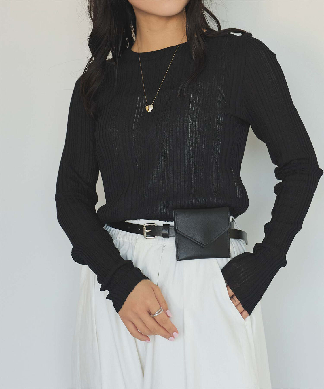 titivate「クルーネックランダムリブシアーニット」|ニット・セーター|ブラック