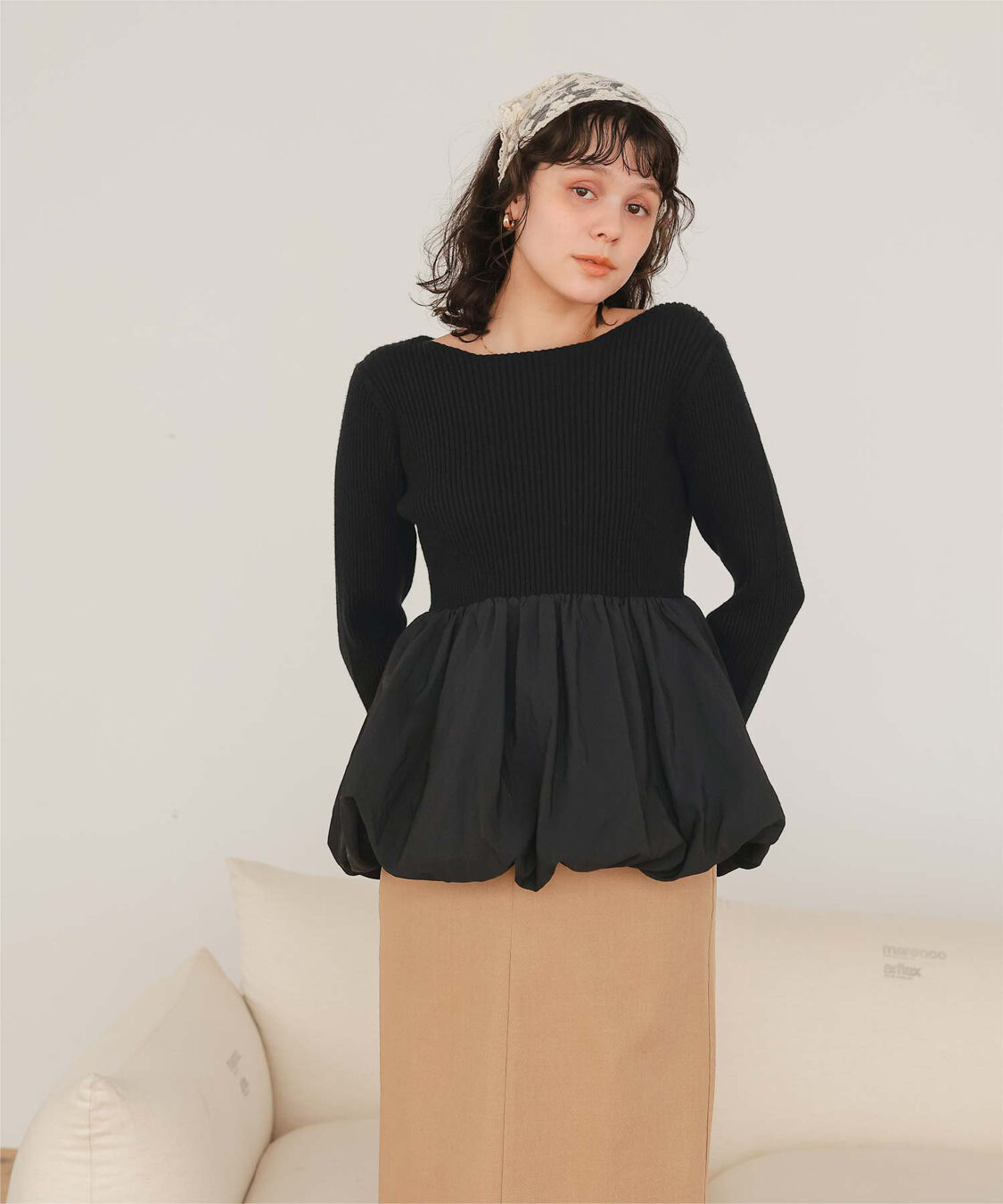 titivate「ヘムバルーンドッキングボートネックリブニット」|ニット・セーター|