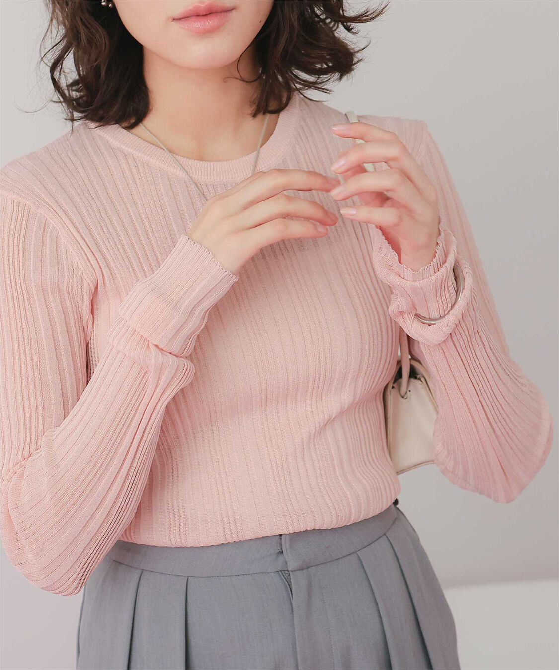 titivate「クルーネックランダムリブシアーニット」|ニット・セーター|ライトピンク