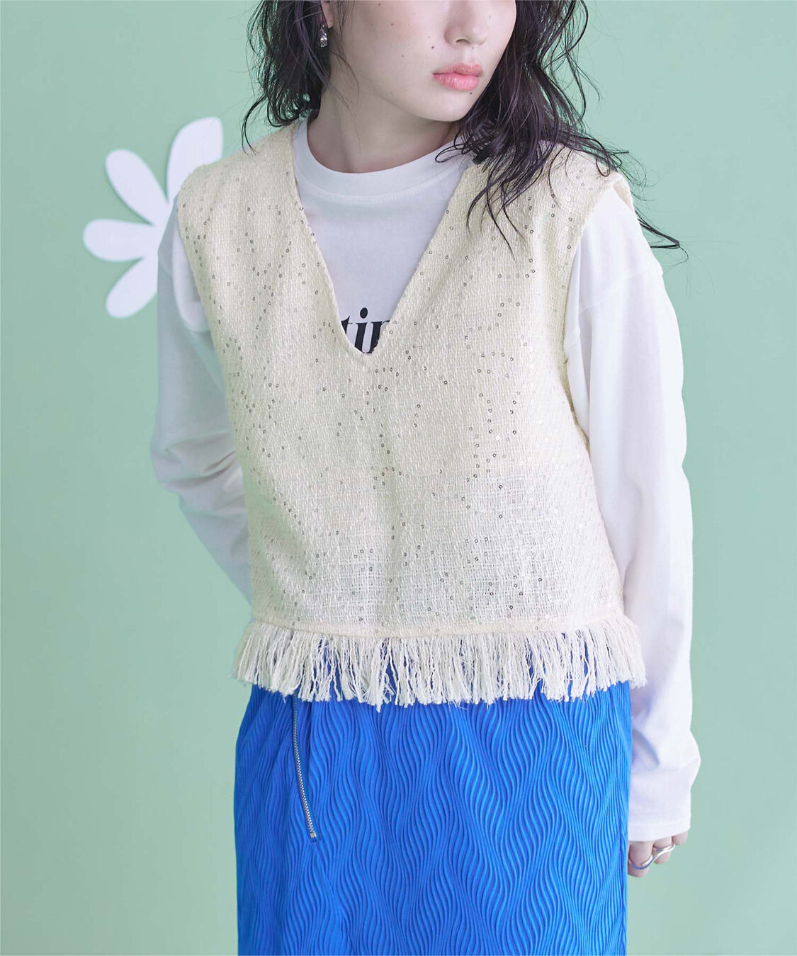 miette「スパンコールツイードフリンジショートベスト」|ベスト・ジレ|アイボリー