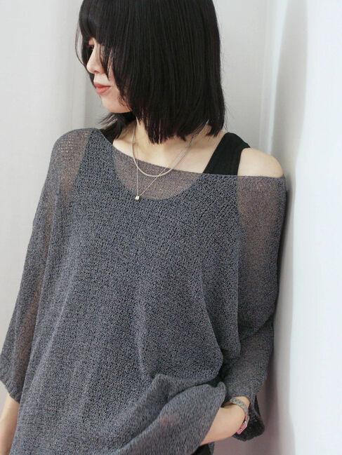 Samansa Mos2 blue「◎7分袖シアーニット」|ニット・セーター|チャコールグレー