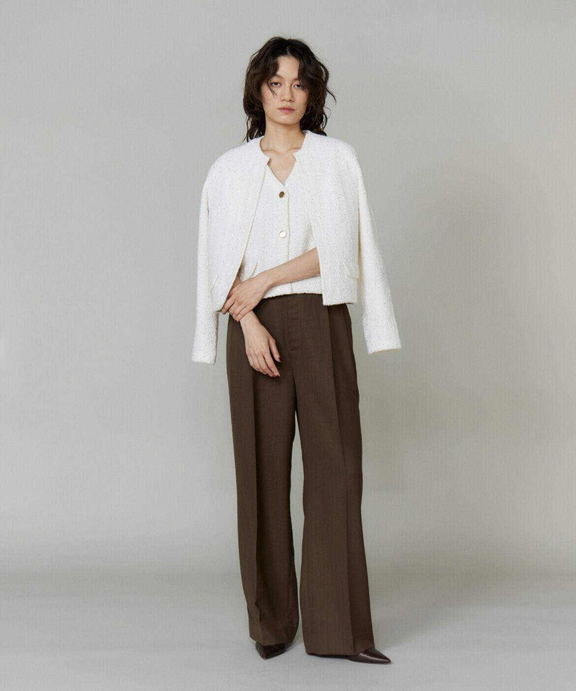 INED「《大きいサイズ》ツイード風ニットカーディガン」|カーディガン|