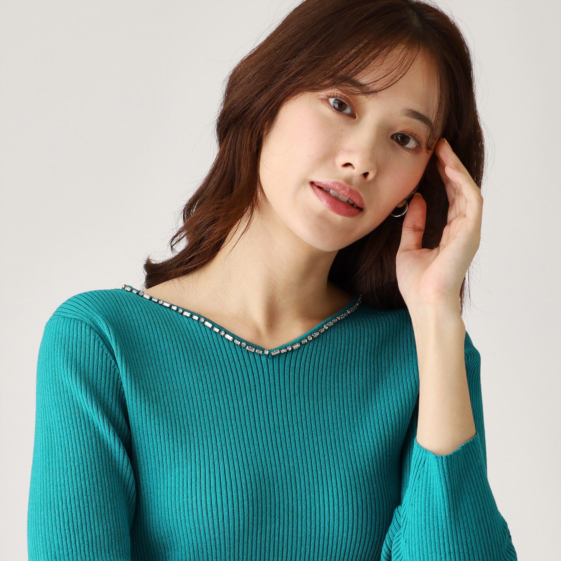 COUP DE CHANCE「【洗える】ビジューリブニットトップス」|ニット・セーター|グリーン(022)
