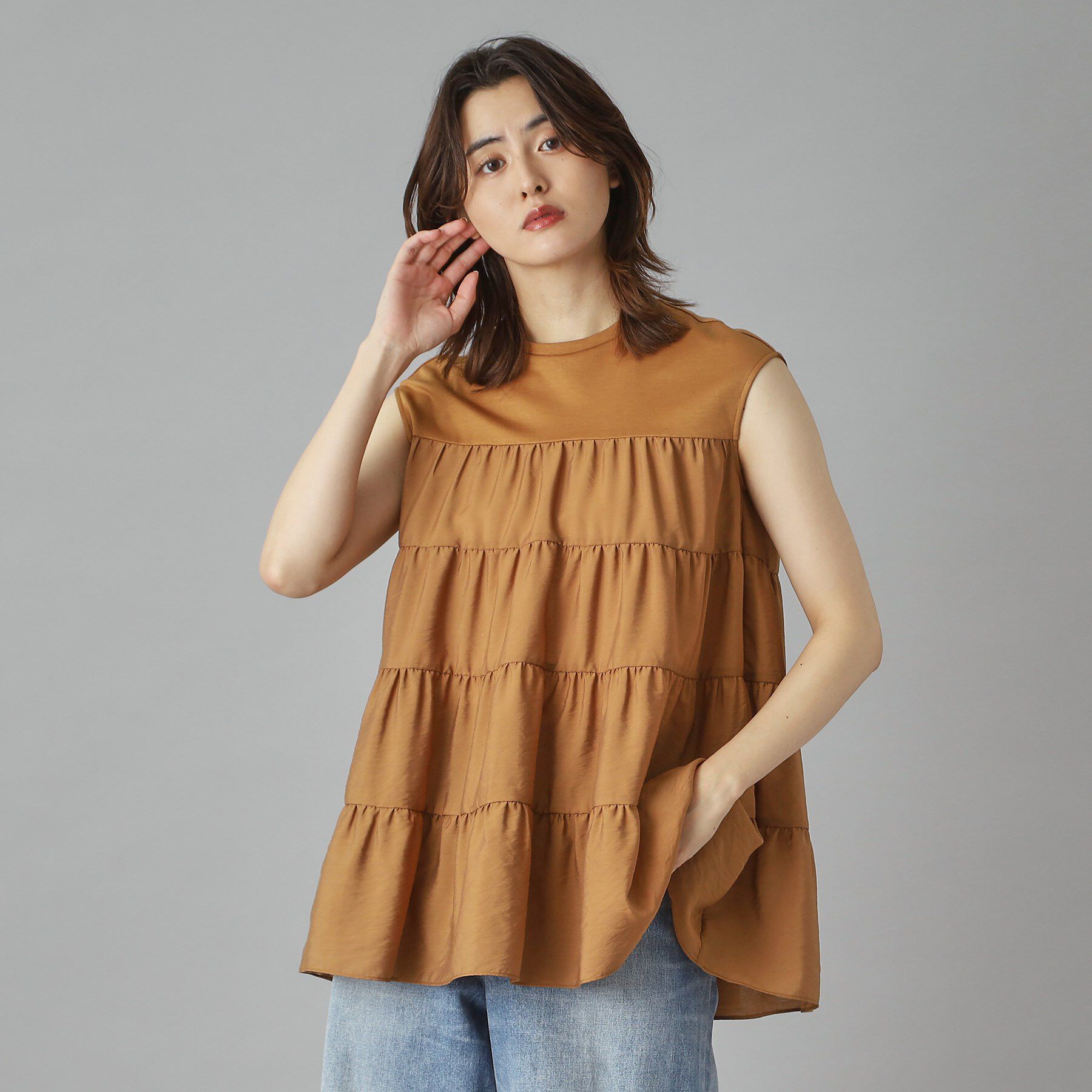 DRESSTERIOR「【接触冷感/イージーケア】ティアードコンビカットソー」|Tシャツ・カットソー|キャメルブラウン(0