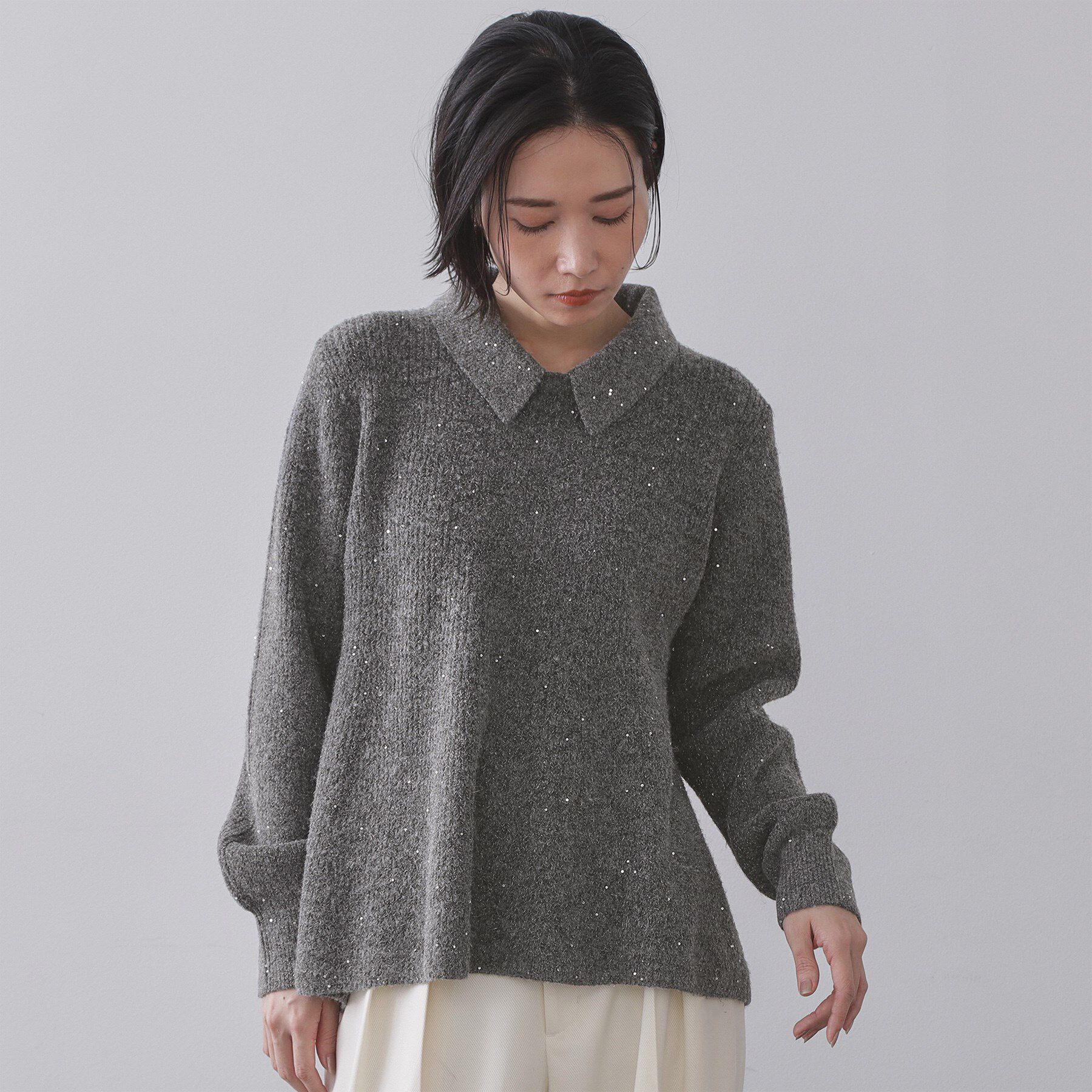 OPAQUE.CLIP「スパンコールラメ衿2WAYペプラムニット【洗濯機OK】」|ニット・セーター|