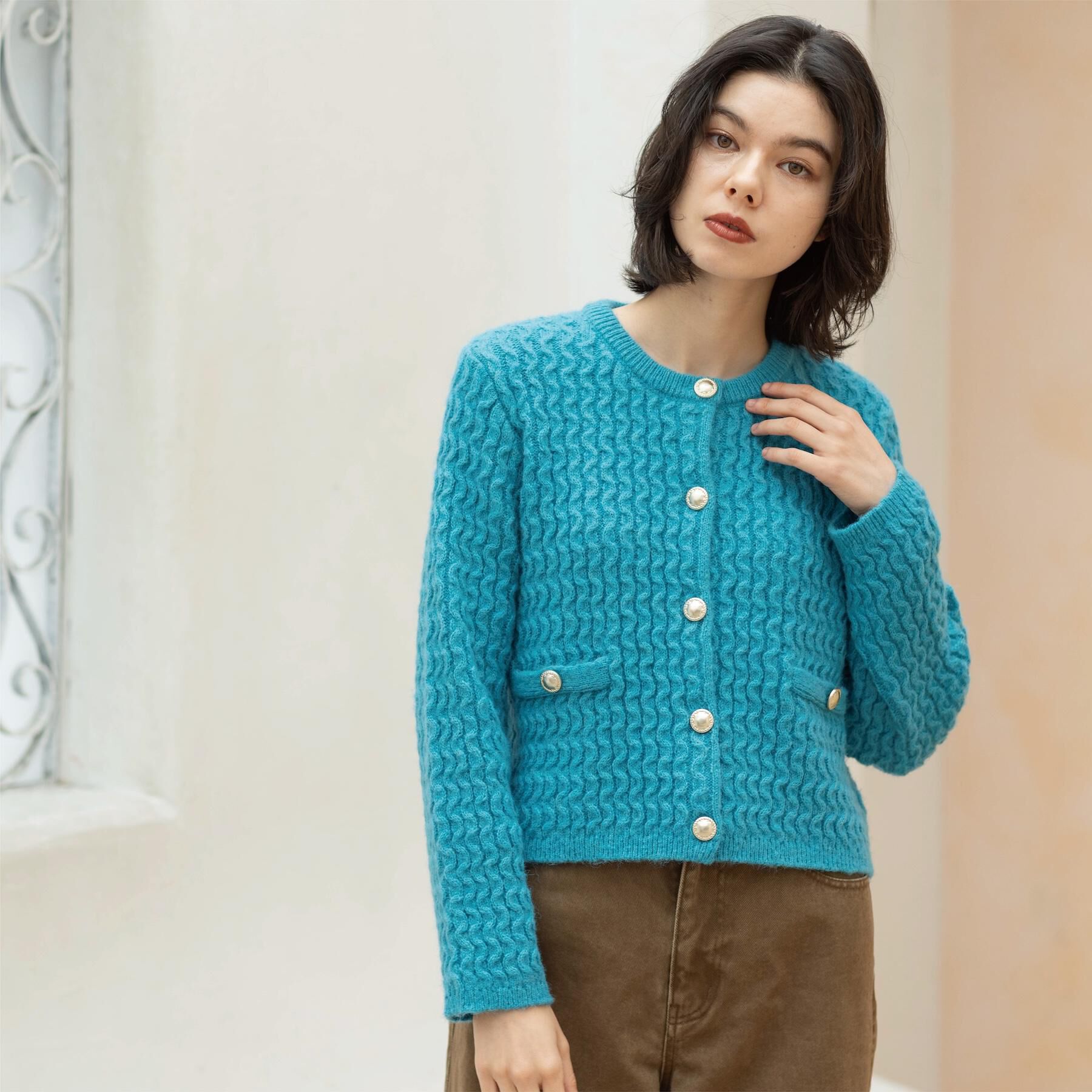 OPAQUE.CLIP「モヘヤタッチケーブル金ボタンカーディガン【洗濯機OK】」|カーディガン|