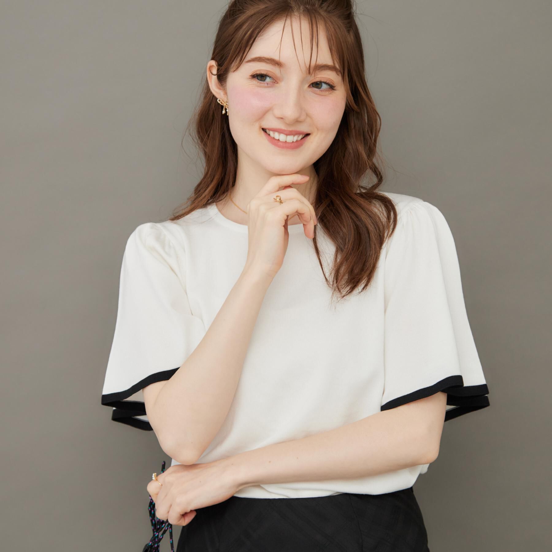 Couture broach「【フェミニン・5分袖・通勤】配色フレアスリーブニット」|ニット・セーター|