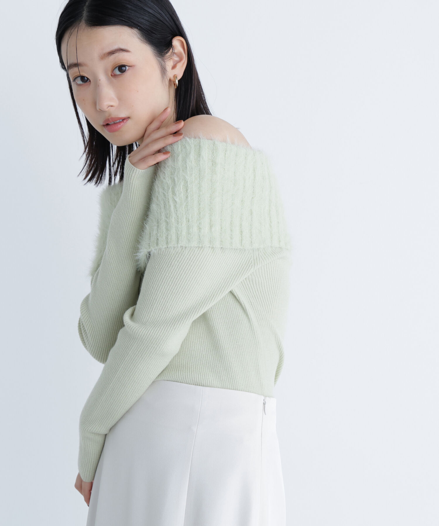  「シャギーオフショルニット」|ニット・セーター|ライトグリー