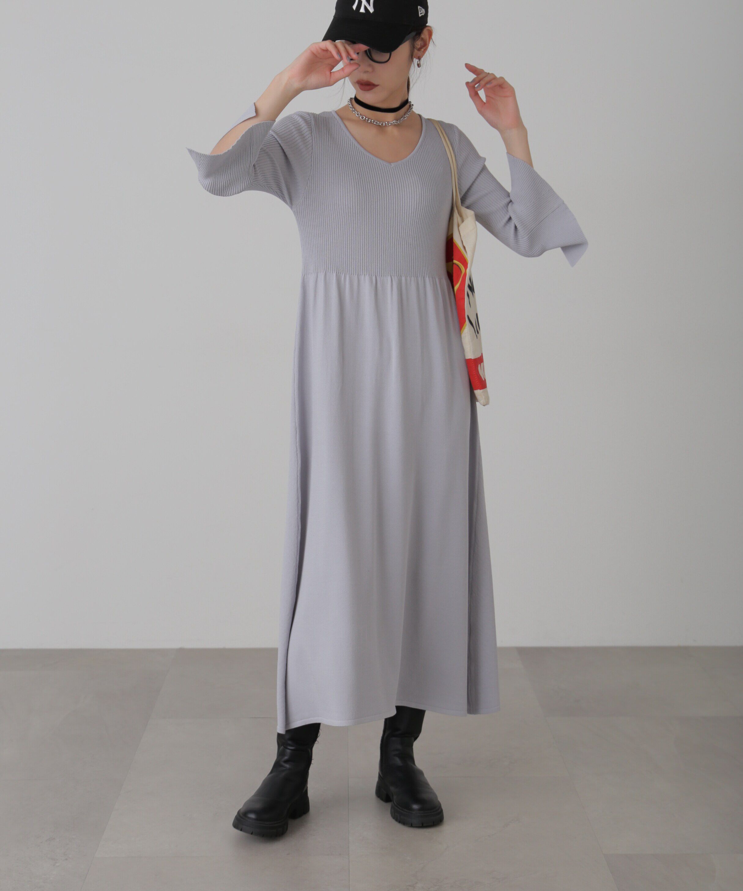  「フレアスリーブVネックリブニットワンピース」|ワンピース|ブルーグレー