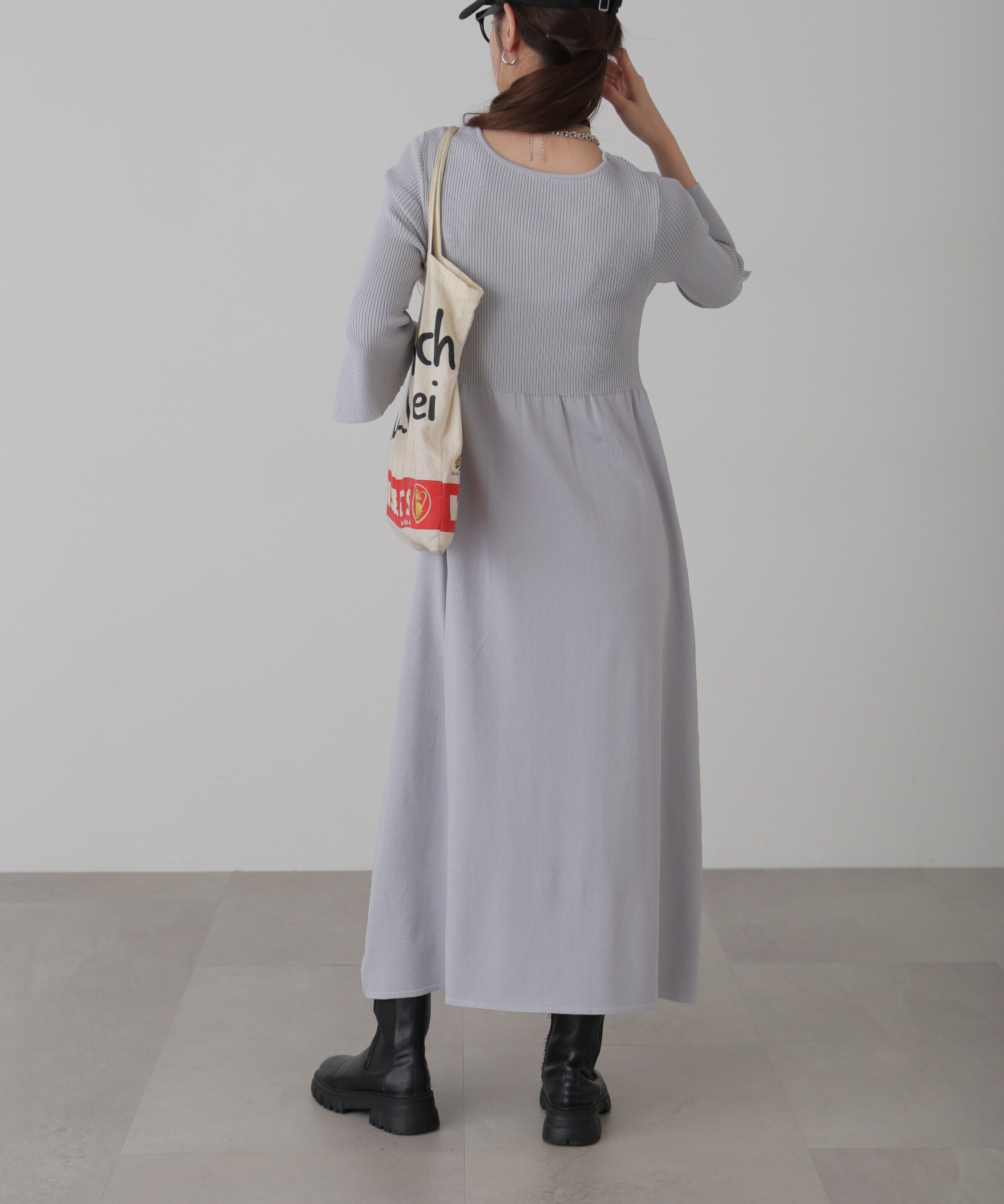  「フレアスリーブVネックリブニットワンピース」|ワンピース|