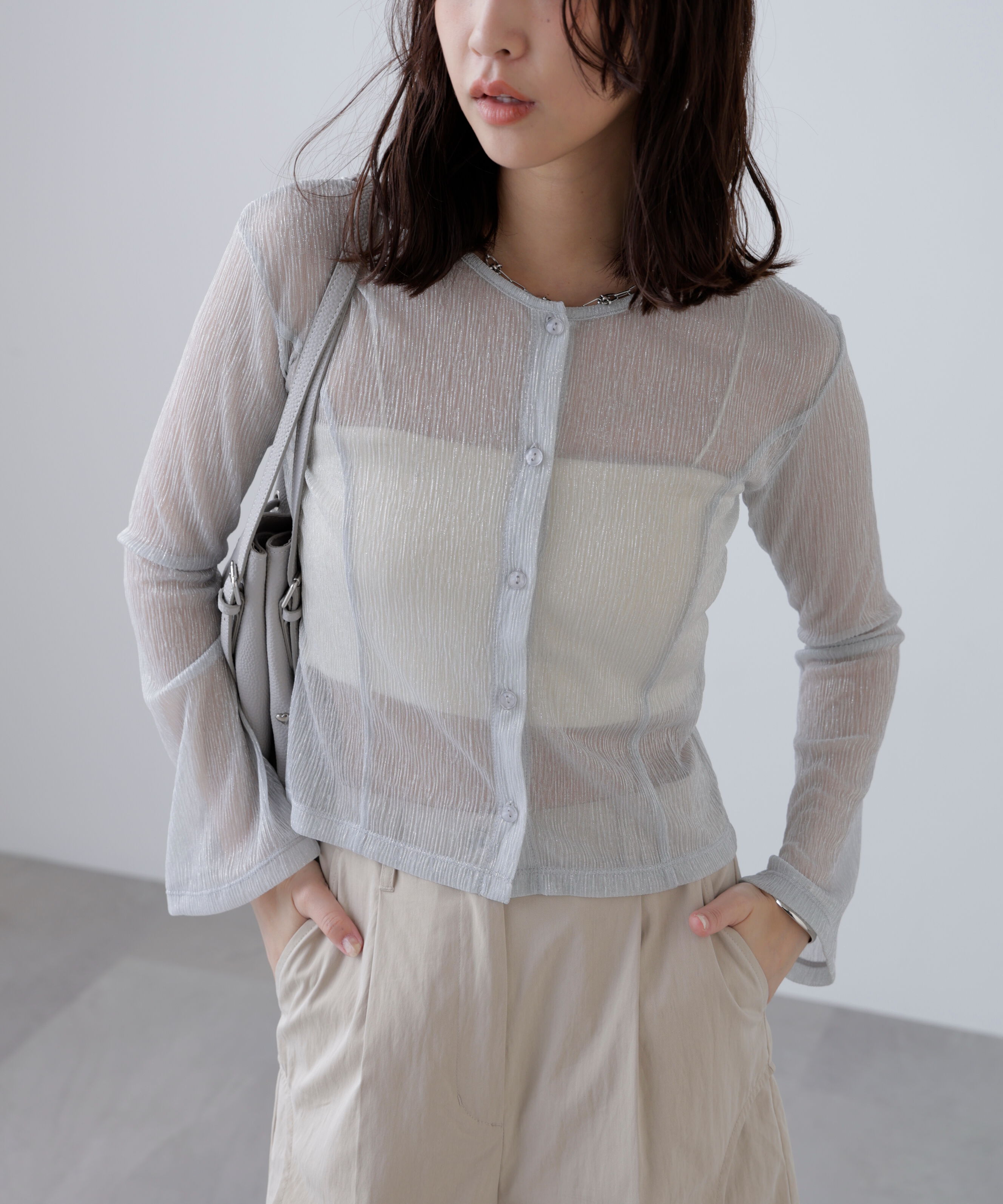  「ラメシアー楊柳カットソーカーディガン」|Tシャツ・カットソー|