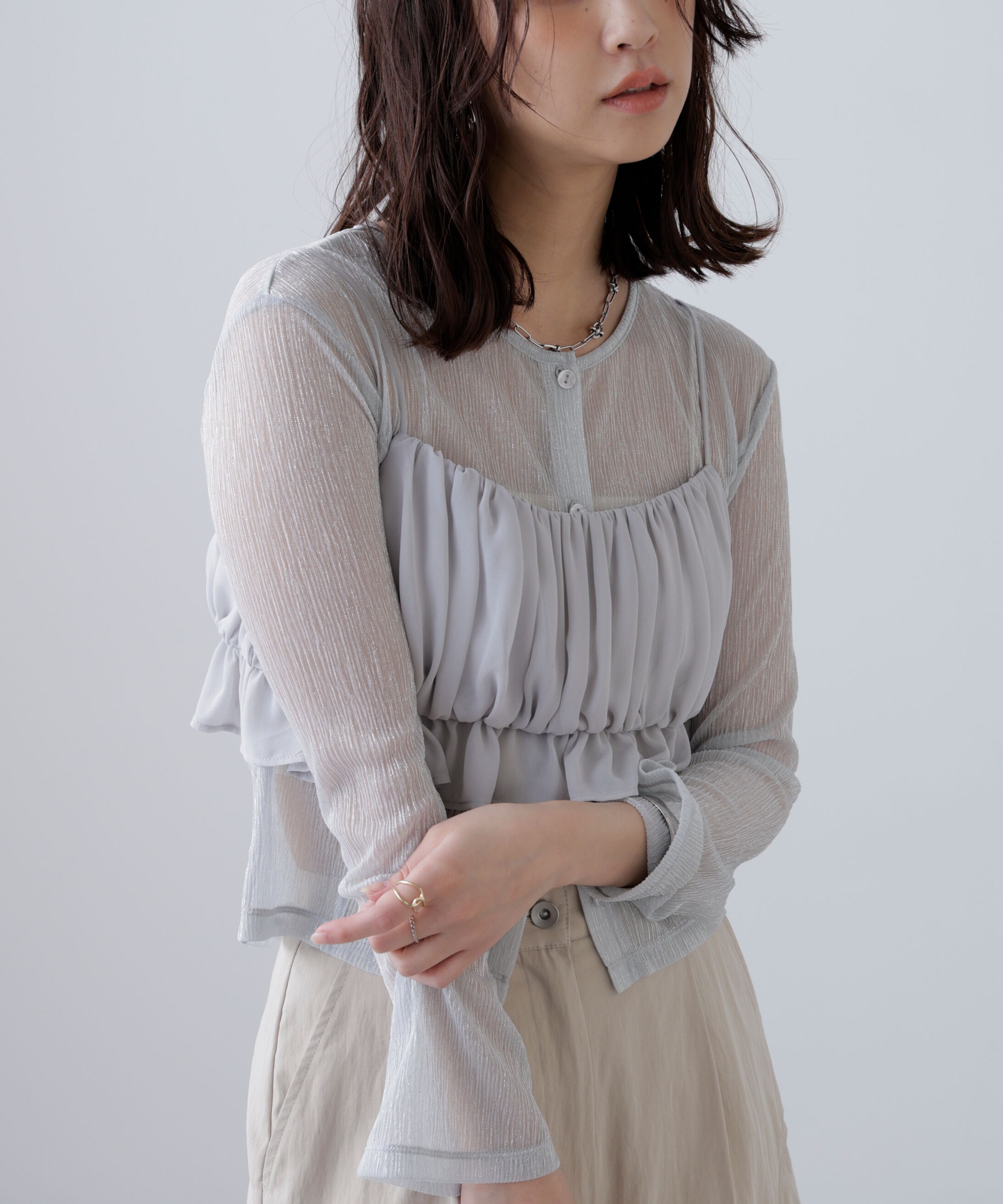  「ラメシアー楊柳カットソーカーディガン」|Tシャツ・カットソー|