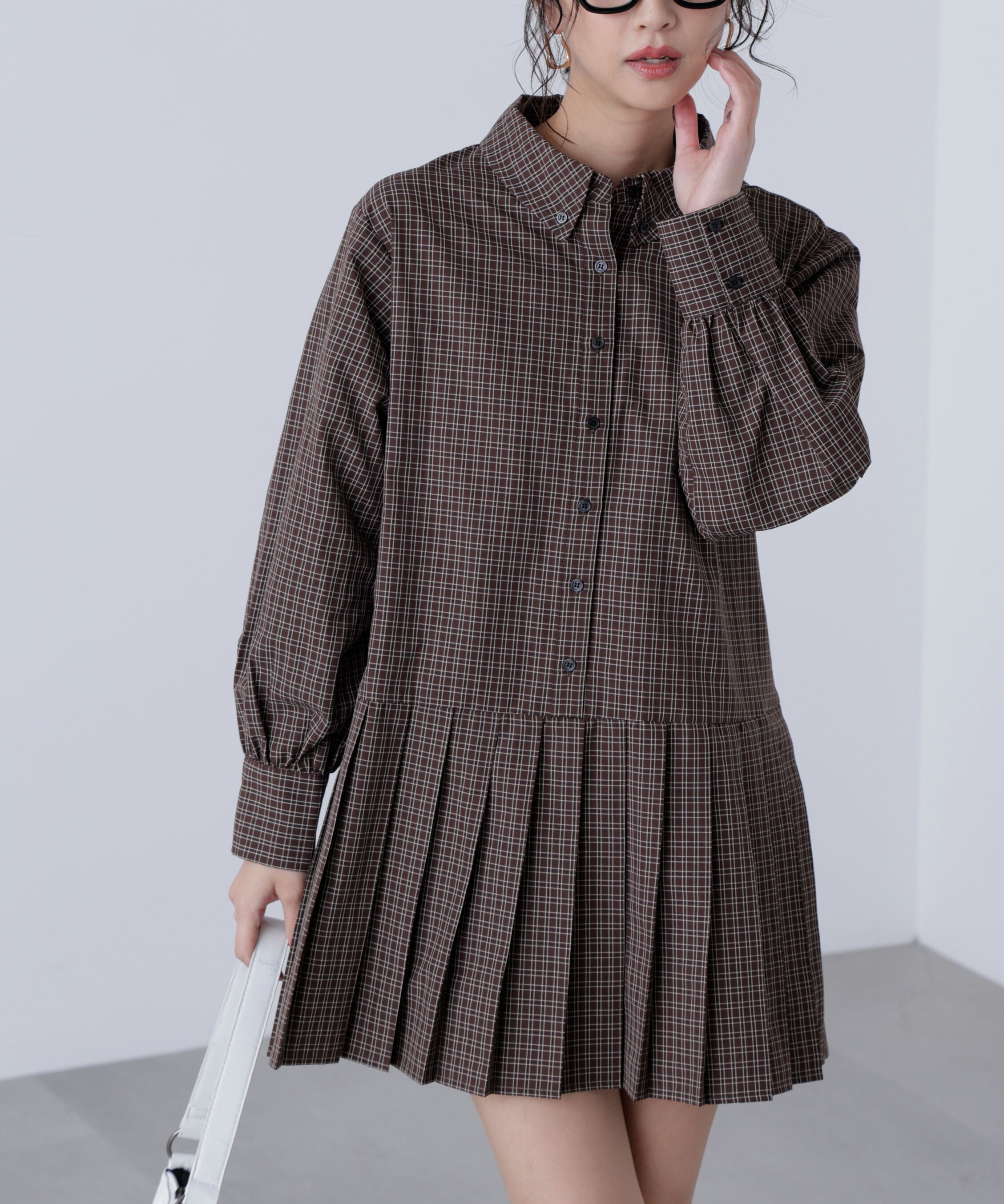  「プリーツシャツロングスリーブミニワンピース」|ワンピース|