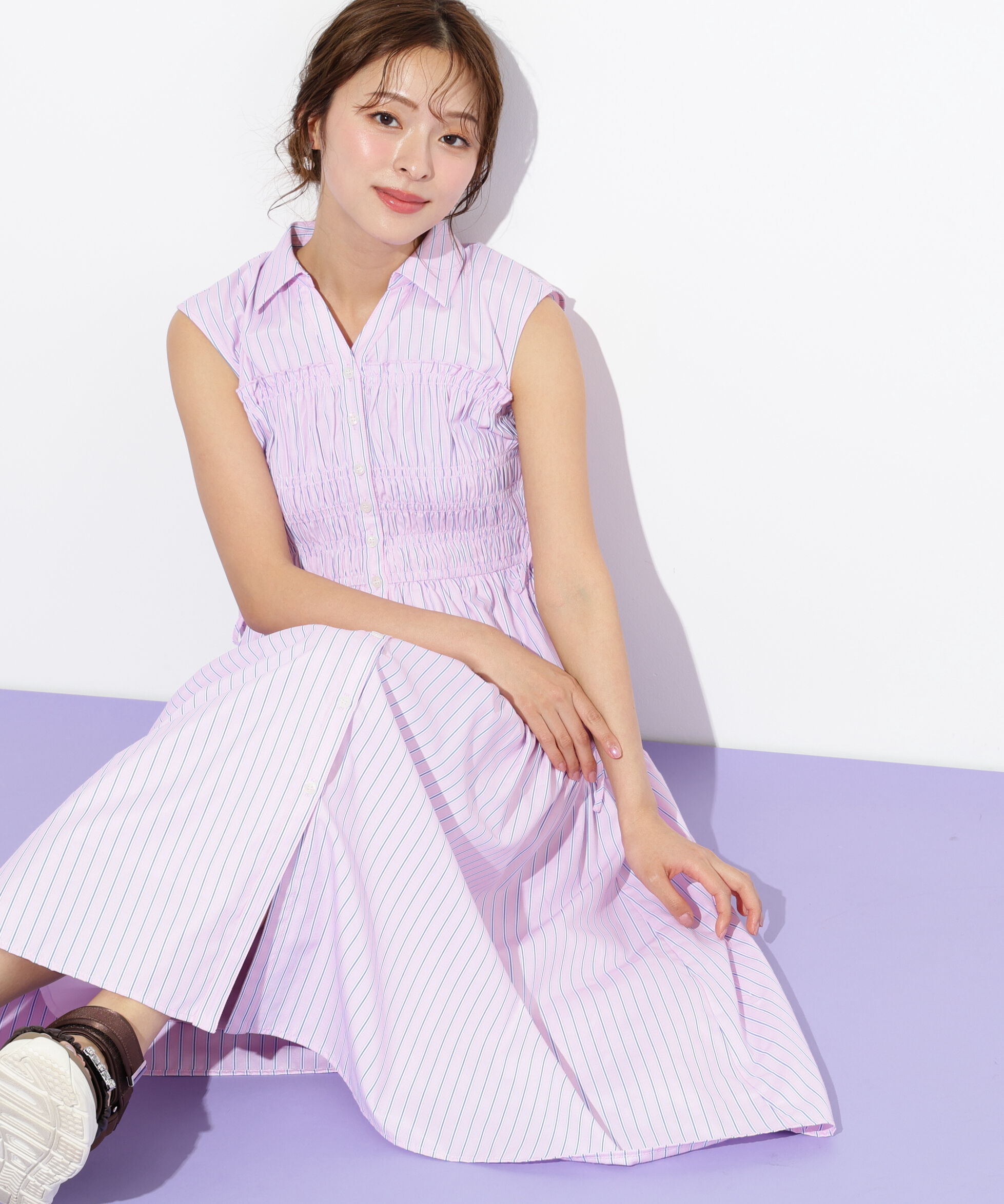  「ウエストシャーリングストライプシャツワンピース」|ワンピース|ピンク