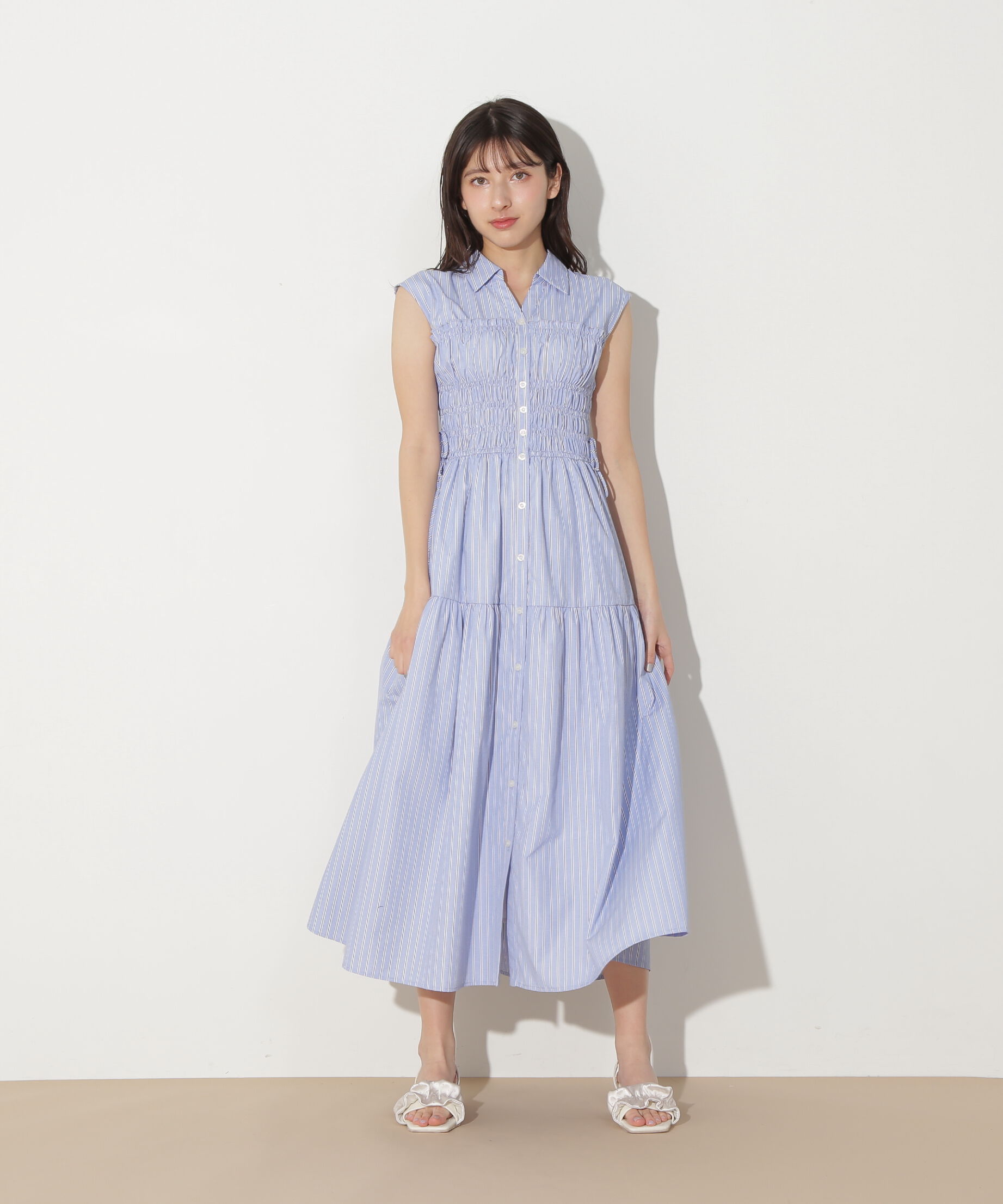  「ウエストシャーリングストライプシャツワンピース」|ワンピース|